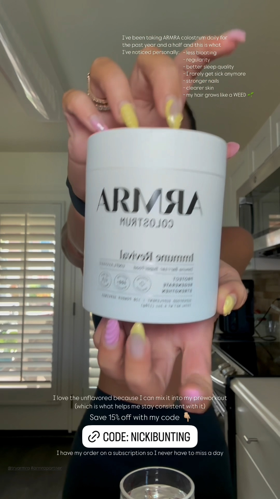 I've been taking ARMRA colostrum daily for the past year and a half and this is what I've noticed personally: 
- less bloating
- regularity
- better sleep quality
- I rarely get sick anymore
- stronger nails
- clearer skin
- my hair grows like a WEED 

NICKIBUNTING saves you 15% off your first order or subscription. 



@armra #armrapartner workout, morning routine, supplements, colostrum, health, wellness, fitness, Nicki Bunting 