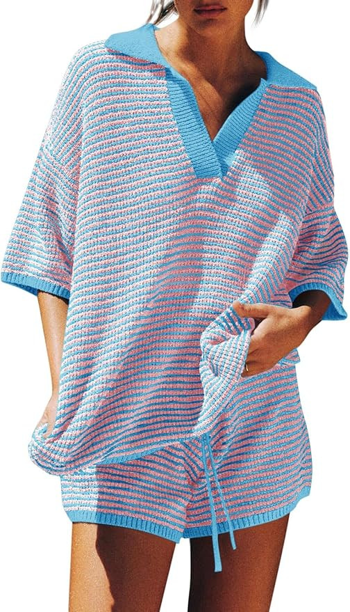 Tankaneo Womens Sweater Set 2 Piece Outfits Oversized 3/4 Sleeve V Neck Knit Tops High Waisted Sh... | Amazon (US)