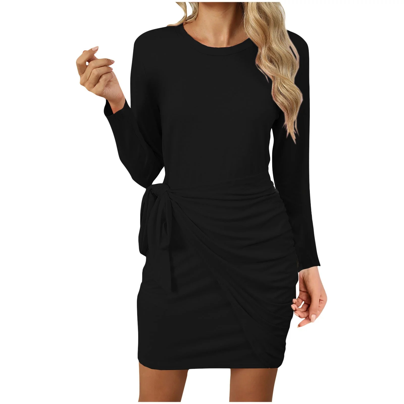 hotojiny Fall Wedding Guest Dresses for Women Long Sleeve Crew Neck Tie Waist Mini Dress Cocktail... | Walmart (US)