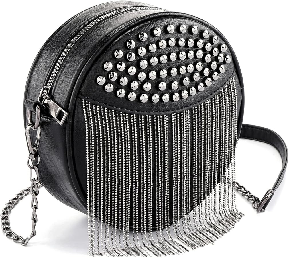 Primila Women Crossbody Handbag Purse Circle Rivet Tassel Clutch Small PU Leather Punk Rock Party... | Amazon (US)