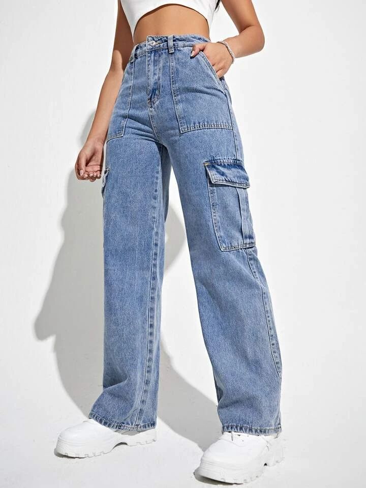 SHEIN EZwear High Waist Flap Pocket Side Cargo Jeans | SHEIN