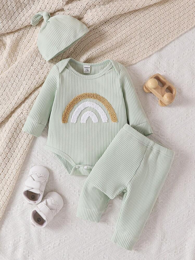 SHEIN Set da 2 pezzi di body a maniche lunghe con blocchi di colore arcobaleno e pantaloni lunghi per neonato maschio, per primavera-autunno | SHEIN