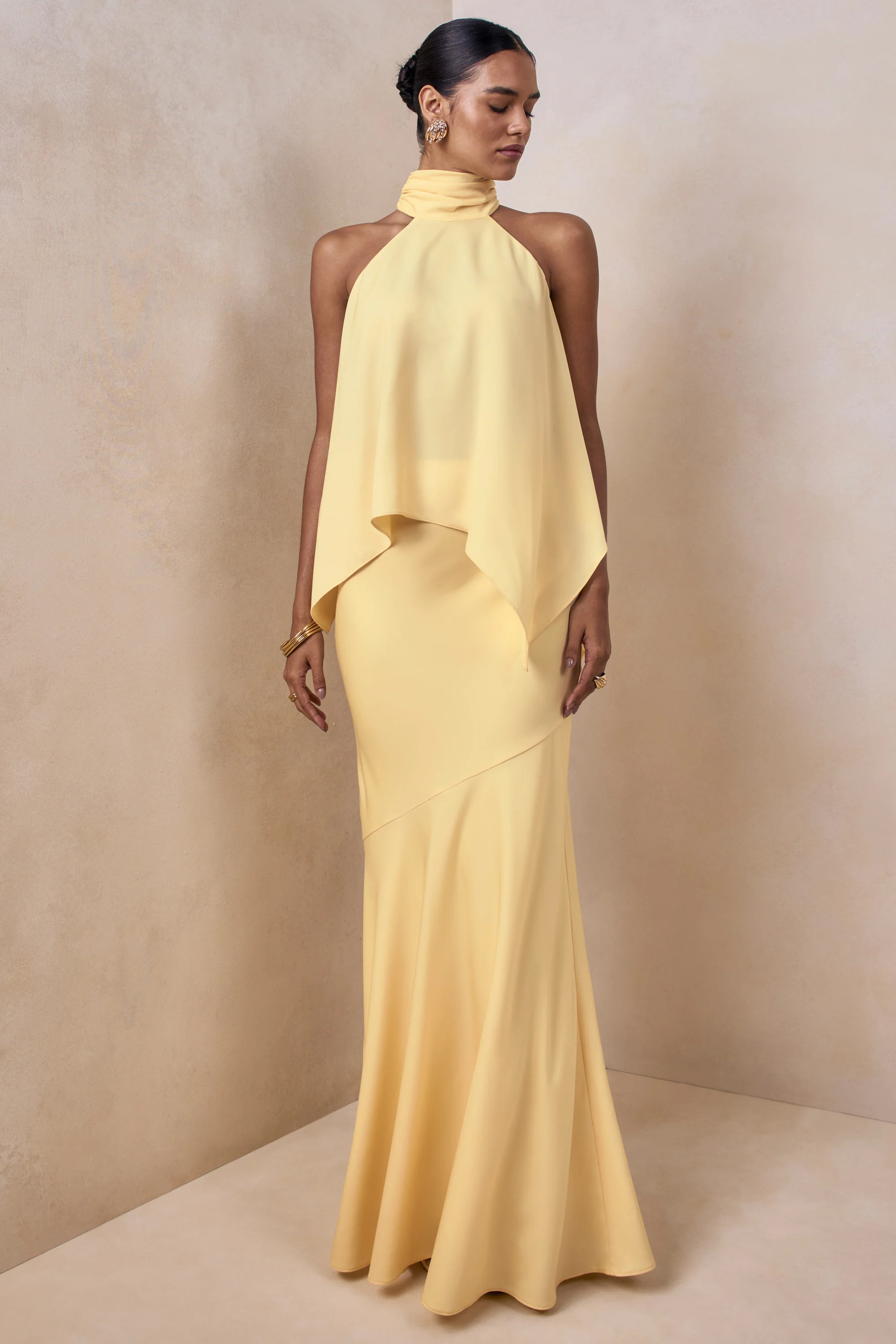 Sancelle | Lemon Satin Halter-Neck Top | Club L London
