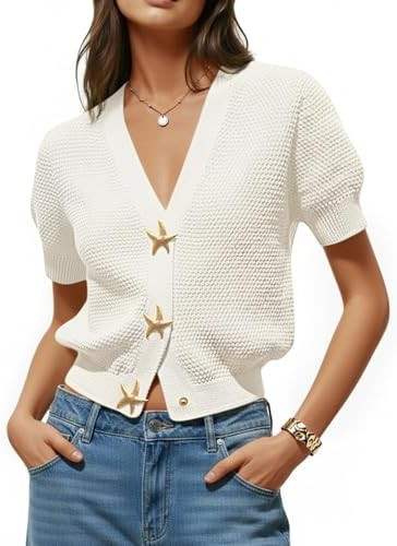 Saodimallsu Womens Puff Short Sleeve Cardigans V Neck Button Down Casual Summer Lightweight Knit ... | Amazon (US)