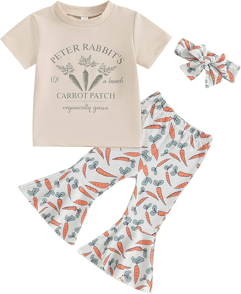 Toddler Baby Girl Easter Outfits Peter Rabbits T-Shirt Tee Top Carrot Flare Pants Set 3Pcs Bell B... | Amazon (US)