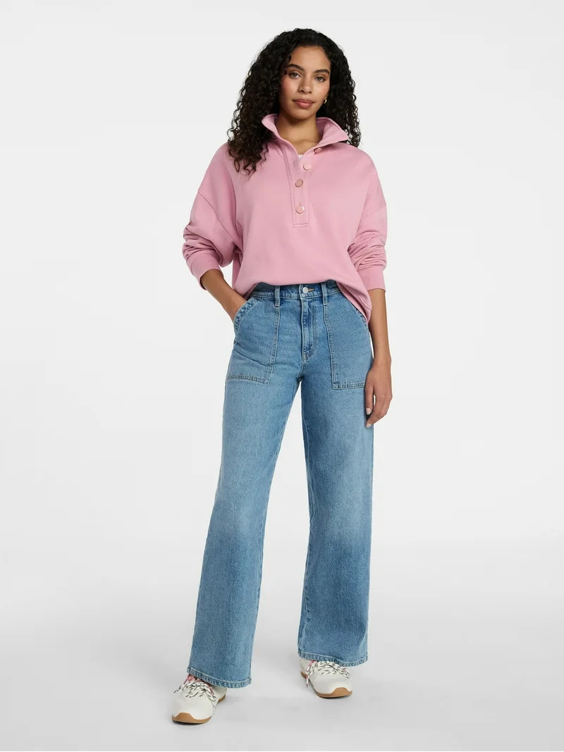 Time and Tru Women's Quarter Button Fleece Top with Long Sleeves, Size XS-XXXL | Walmart (US)