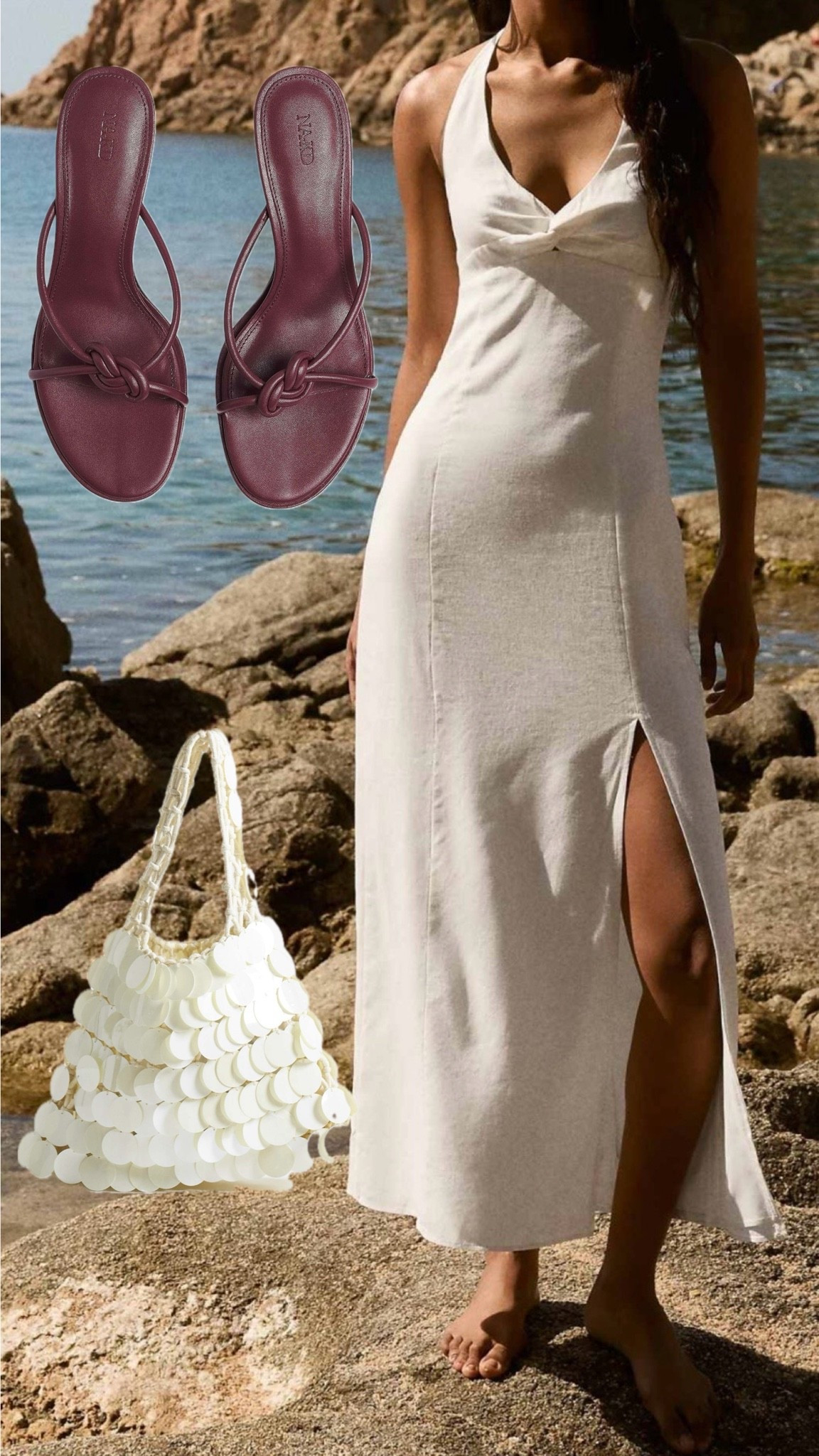 Linen maxi dress
Burgundy heels
Shell bag
Summer outfits 
Holiday outfits