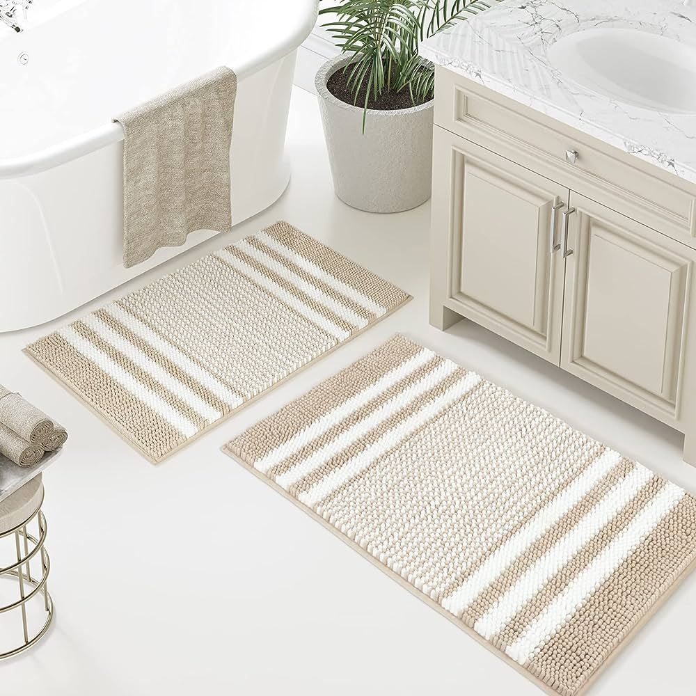 Tindbea Bathroom Rugs Set 2 Piece, Extra Soft and Absorbent Fluffy Striped Chenille Bath Mat Rug ... | Amazon (US)