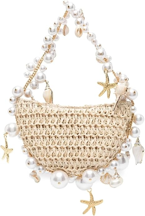 Women Straw Beach Bag with Shells and Pearls,Handmade Half Moon Design Purse, Small Tote Bag for ... | Amazon (US)
