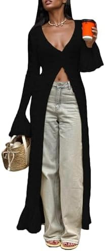 LETSVDO Womens Long Crochet Cardigan Bell Sleeve Ruffle Knit Hollow Out Lightweight Duster Sweate... | Amazon (US)