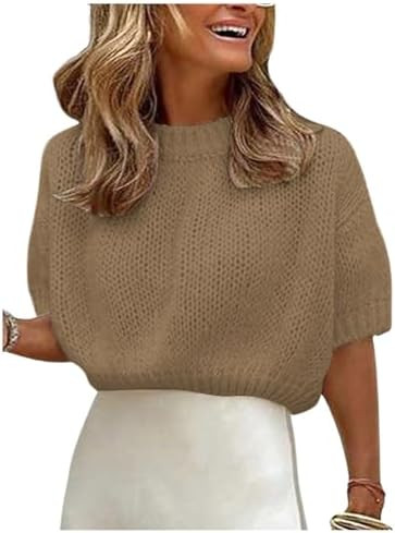 GORGLITTER Women's Puff Sleeve Crewneck Knit Shirt Top Short Sleeve Solid Loose Sweater | Amazon (US)