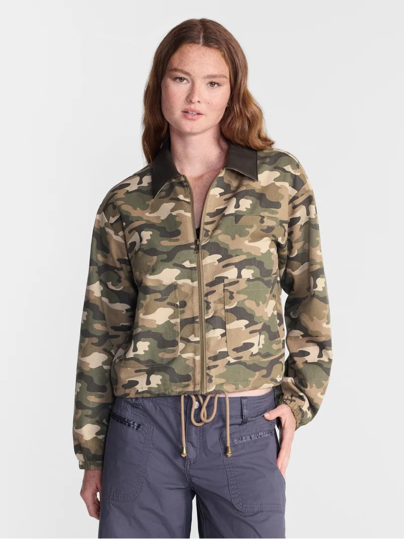 No Boundaries Cotton Twill Barn Jacket with Faux Leather Collar, Women's XXS-4X | Walmart (US)