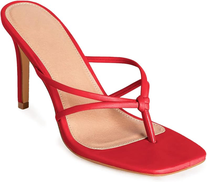 Coutgo Womens Heeled Sandals Strappy Square Toe Flip Flops Slip on Thong Stiletto Sandals | Amazon (US)
