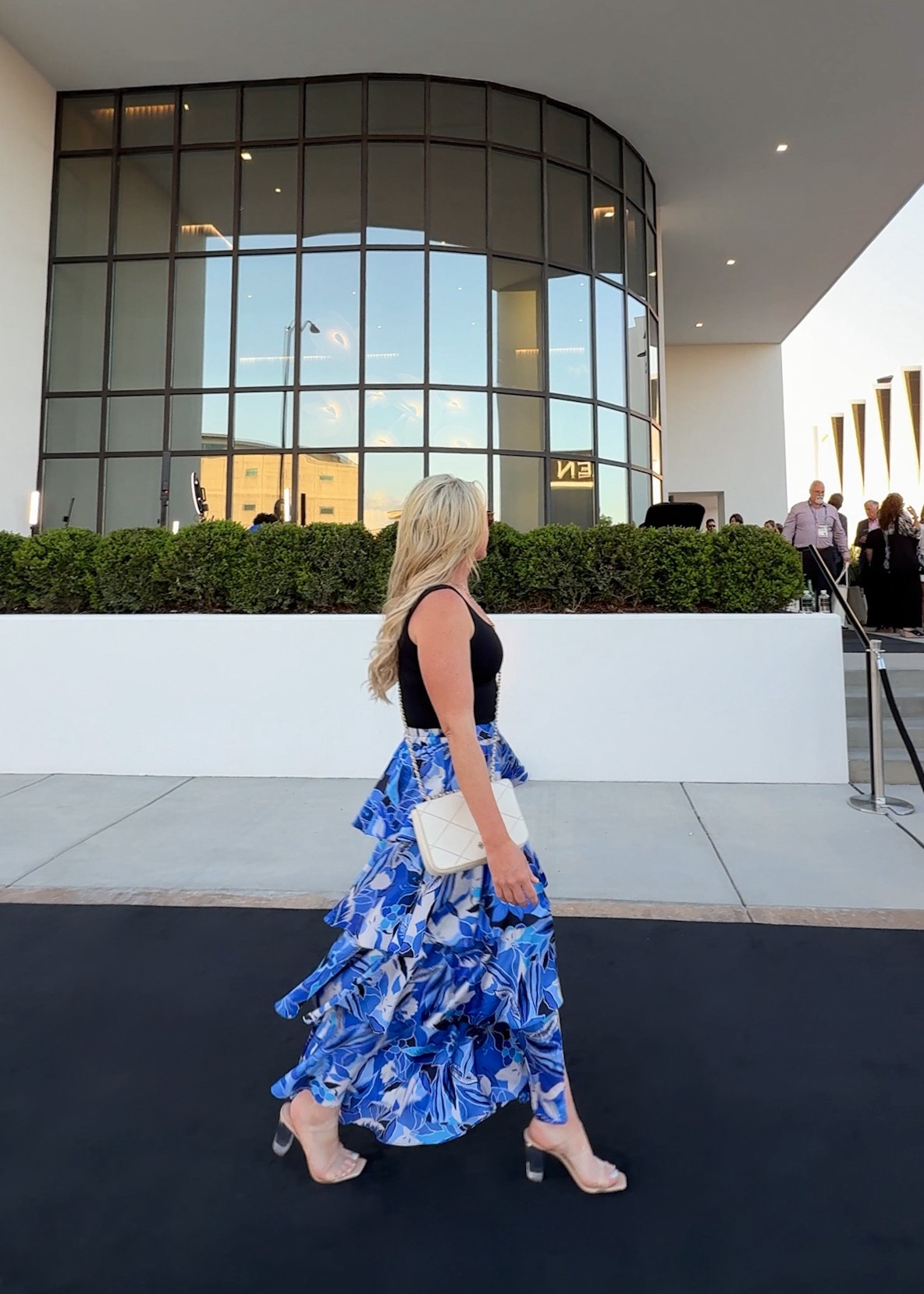High Point Market Outfit ✨ Old Navy tank, Dillards floral maxi skirt, clear high heel, necklace stack, Anthropologie necklace 
