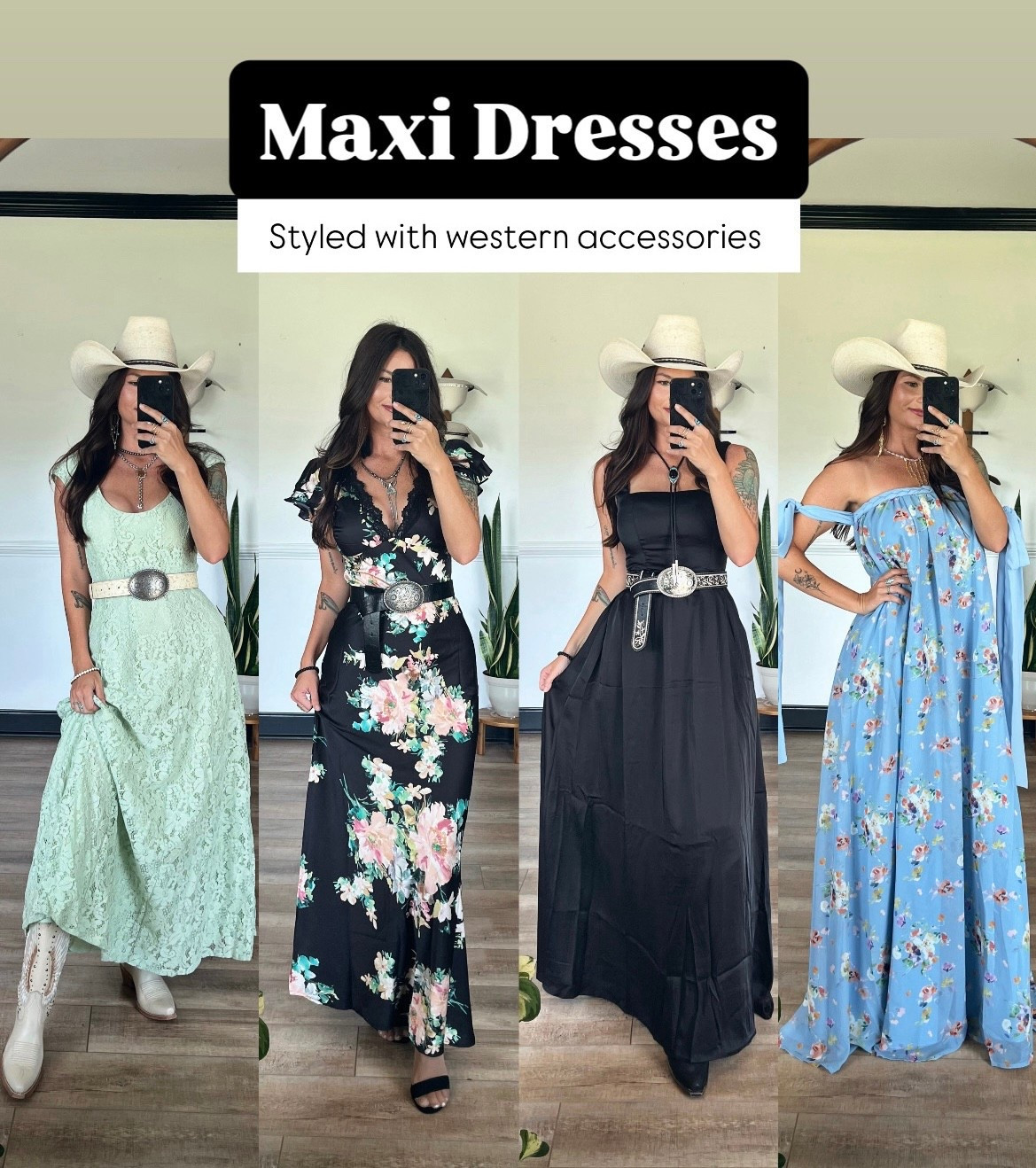 The most gorgeous formal maxi dresses paired with western accessories! Can be worn with boots or heels. Wearing size 2/xs in all dresses 

#LTKgrwm #LTKSeasonal #LTKootd