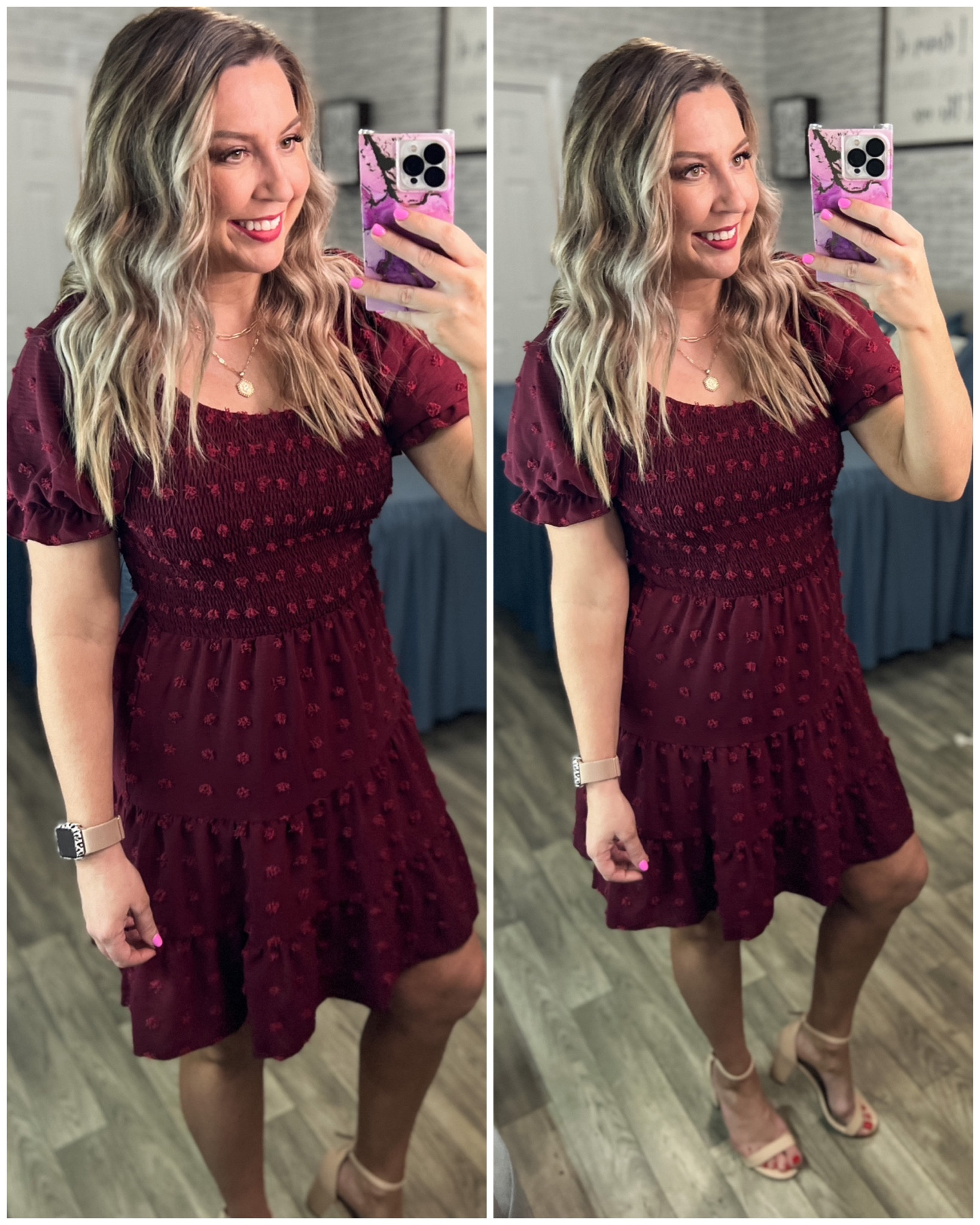 Love this one! So flattering, has a slight puff sleeve, and smocked bodice! There’s a pretty apricot color that would be perfect for Easter! True to size, I’m in the medium! 