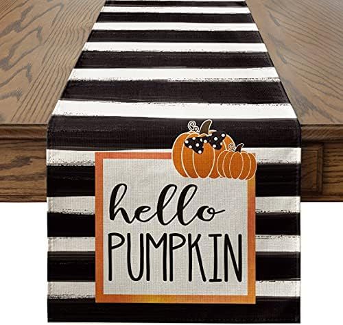 Artoid Mode Watercolor Stripes Hello Pumpkin Thanksgiving Table Runner, Seasonal Fall Harvest Vin... | Amazon (US)