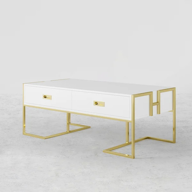 Jocise Modern White Rectangular Coffee Table with Drawers Lacquer Gold Base | Homary | Homary