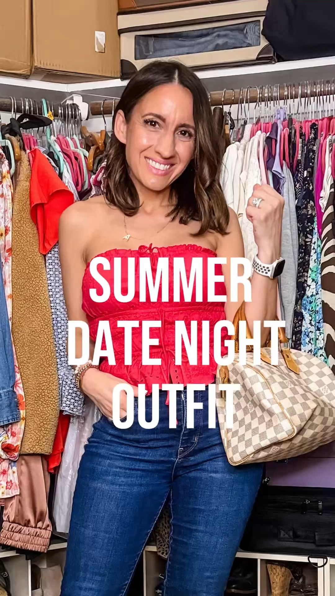 Summer date night outfit. 
Red strapless top. Runs true to size. 
Levi’s jeans run true to size: 

Petite style 
Petite outfit 
Summer concert outfit

#LTKootd #LTKOver40 #LTKPetite