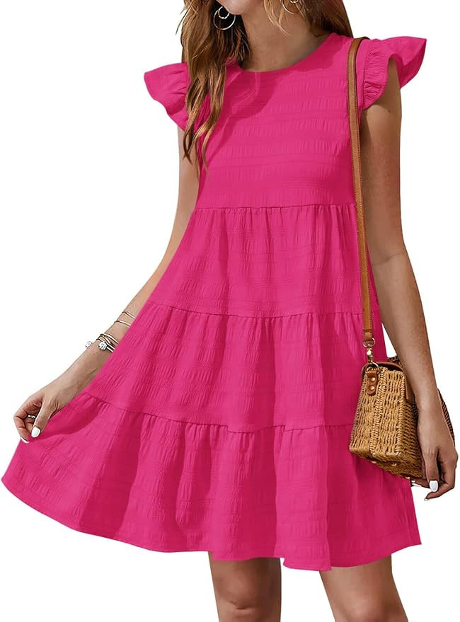 Yousify Summer Dresses for Women 2026 Ruffle Sleeve Mini Babydoll Dress Beach Casual Loose Flowy ... | Amazon (US)