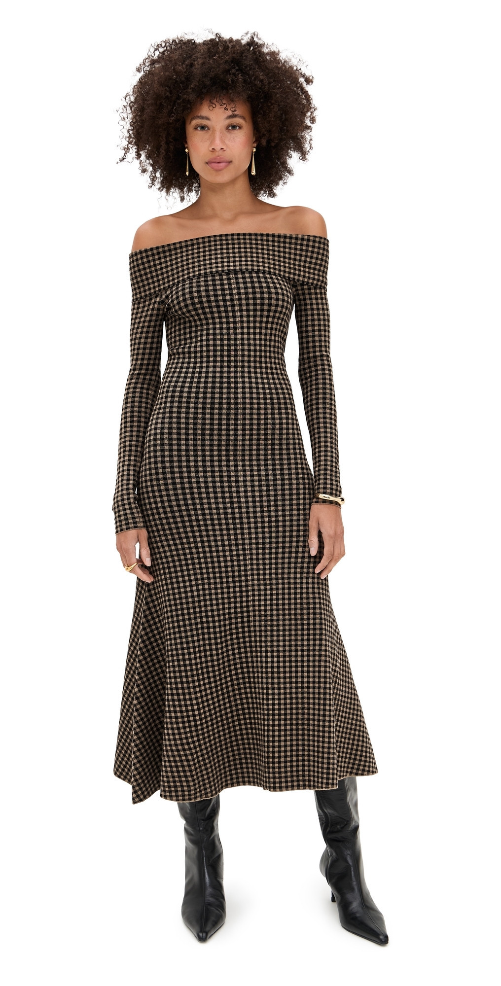 LE BOP Gingham Knit Off Shoulder Dress Chocolate/Black S | Shopbop