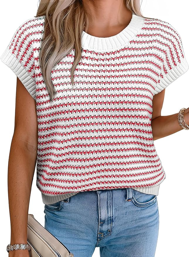 EVALESS Women's Striped Cap Sleeve Sweater Vest Round Neck Tank Top | Amazon (US)