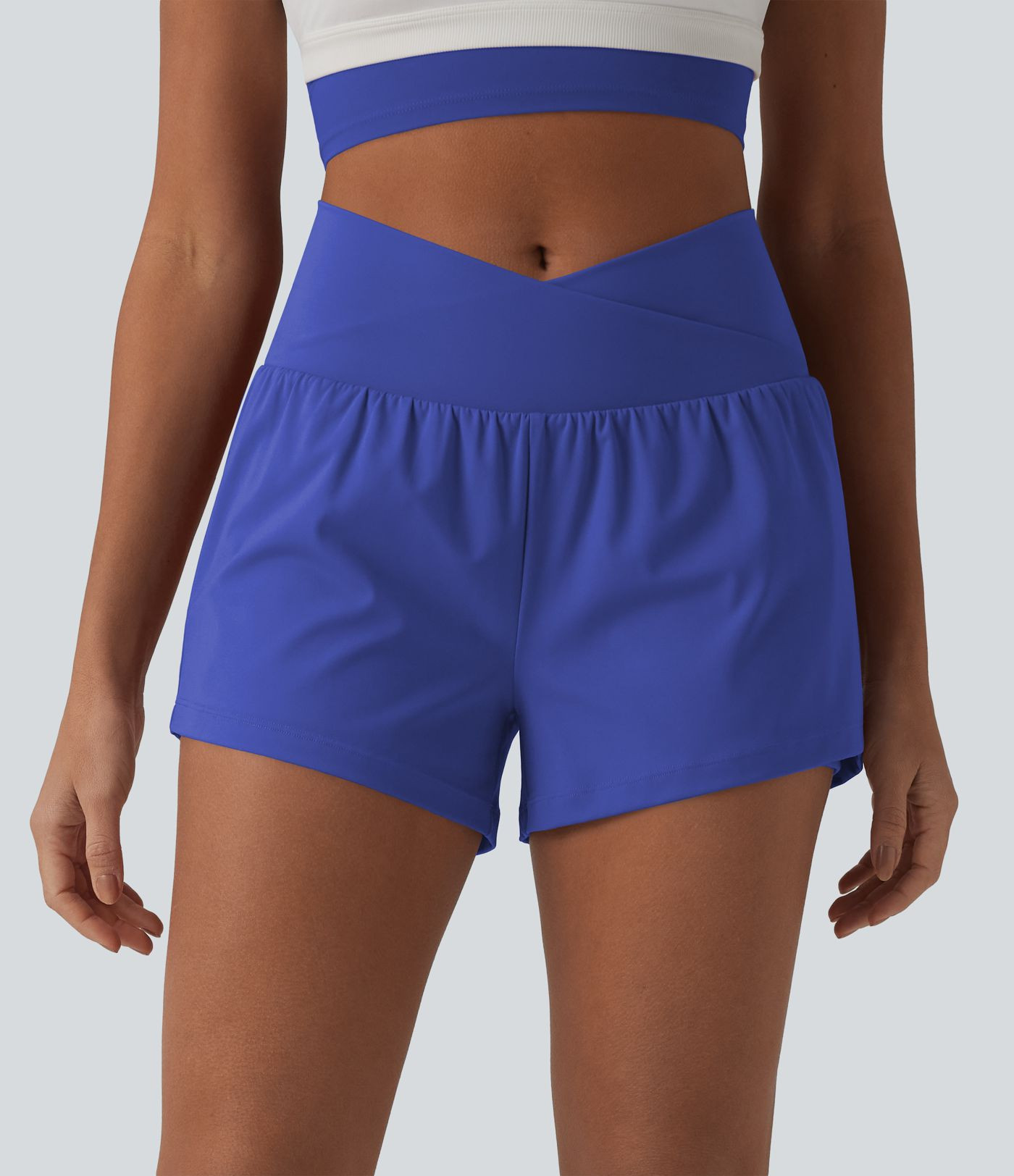 SoftlyZero\u2122 Airy Crossover High Waisted 2-in-1 InstantCool Yoga Shorts 3'' with Pockets | HALARA
