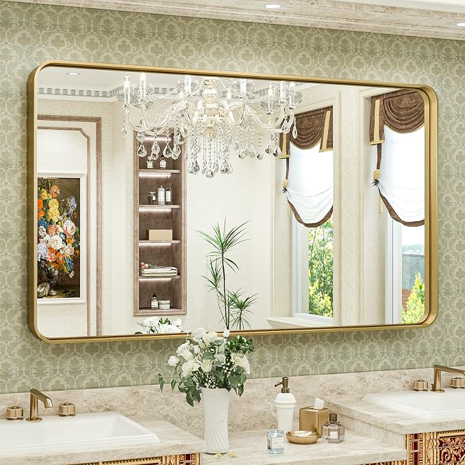 TokeShimi Gold Bathroom Mirror for Wall 48 x 30 Inch Metal Rounded Corner Rectangle Mirror Wall M... | Amazon (US)