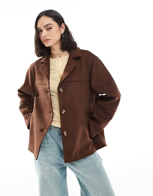 ASOS DESIGN faux suede button front jacket in mocha | ASOS | ASOS (Global)