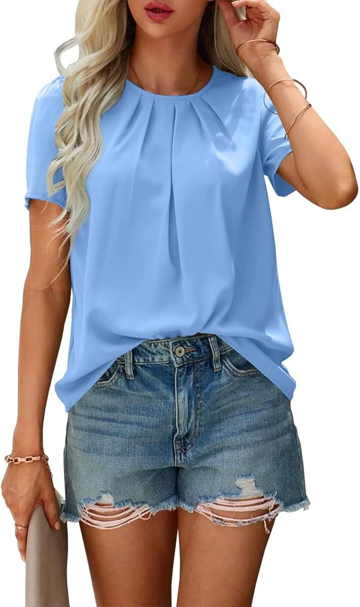 Wihion Women Short Puff Sleeve Blouse Summer Solid Pleated Shirts Casual Back Button Tops | Amazon (US)