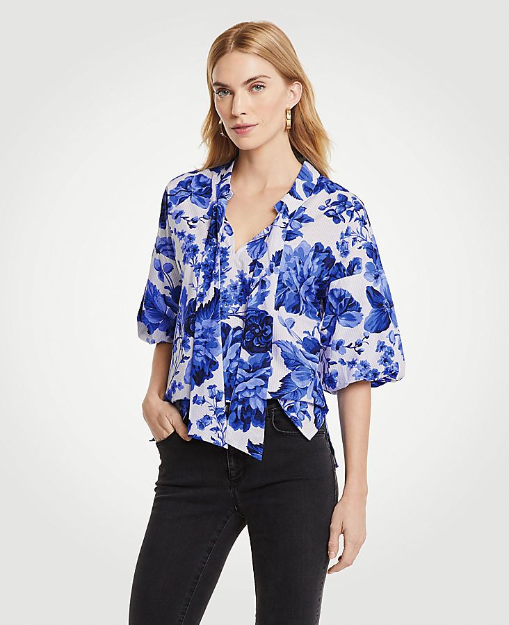 Floral Toile Tie Neck Puff Sleeve Blouse | Ann Taylor (US)