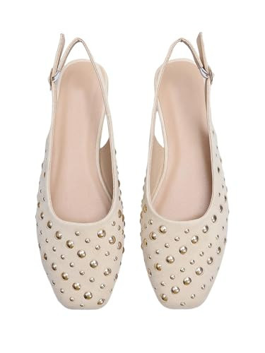 BEAUDRM Women's Studded Slingback Flats Closed Toe Low Heel Ballet Flats Casual Party Cap Toe Dressy Shoes Light Beige 9.5 | Amazon (US)