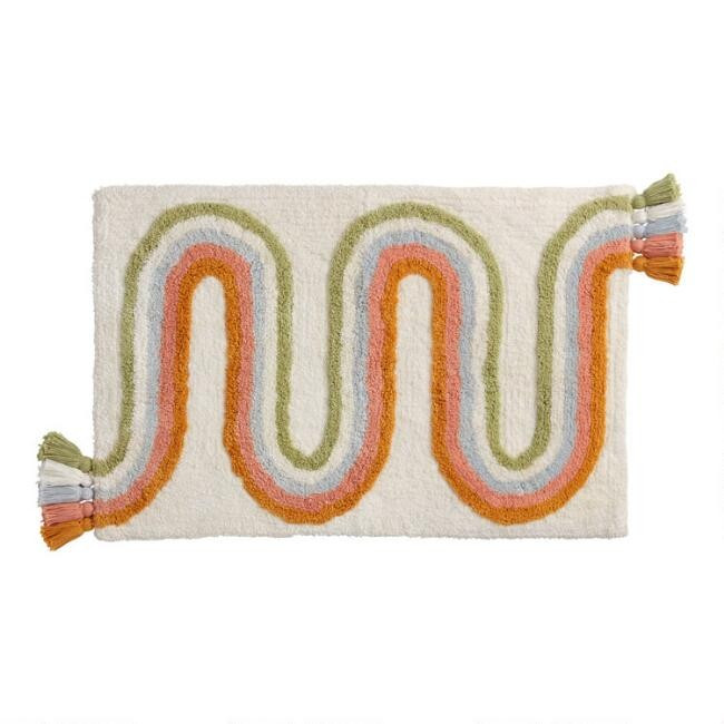 White Multicolor Wave Tufted Tassel Bath Mat | World Market