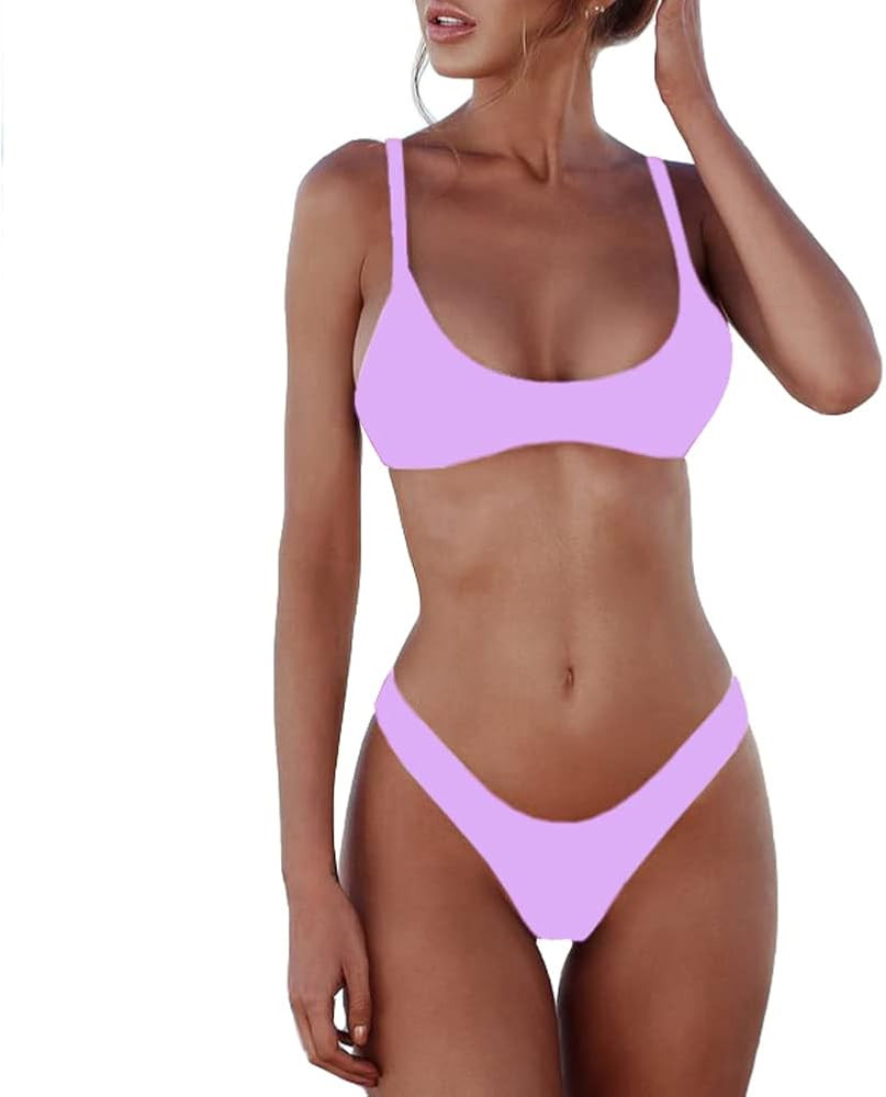 SherryDC Women's Solid Scoop Neck Push up Padded Brazilian Thong Bikini Swimsuit Bathing Suit | Amazon (US)