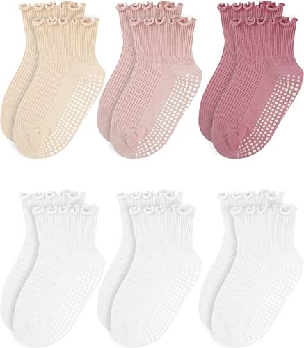 Sooneeya Girls Ruffle Crew Socks Toddler Frilly Sock with Grippy Comfy and Safe for Kids 5-6 Years 6 Pairs White White White Orange Pink Deep Pink | Amazon (US)