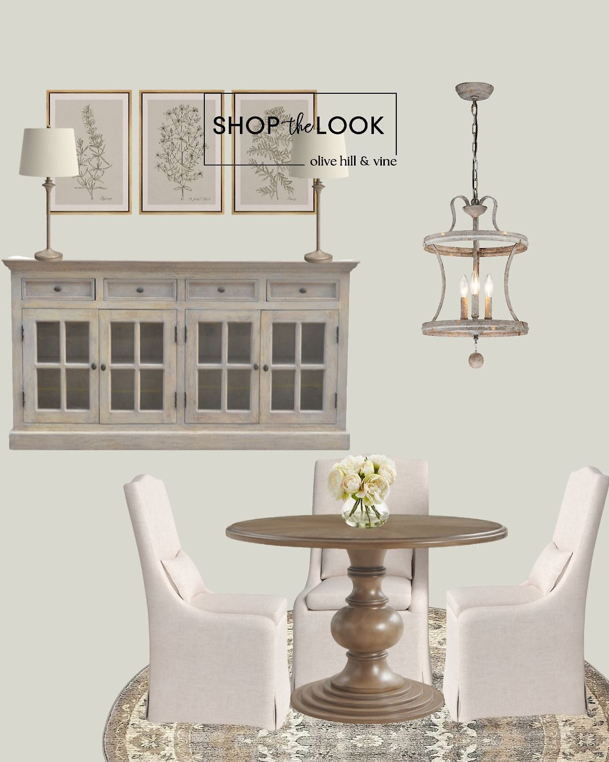 This dining room blends sophistication with farmhouse charm. A walnut-finished round pedestal table anchors the space, paired with upholstered linen chairs. A glass-door sideboard adds function, while a vintage rug, French country chandelier, buffet lamps, and botanical art complete the look.  

 

#LTKHome #LTKStyleTip #LTKFamily