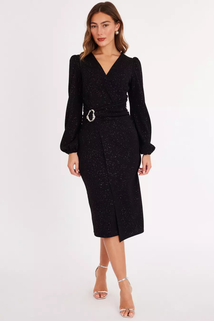 Black Glitter Wrap Midi Dress | Quiz Clothing