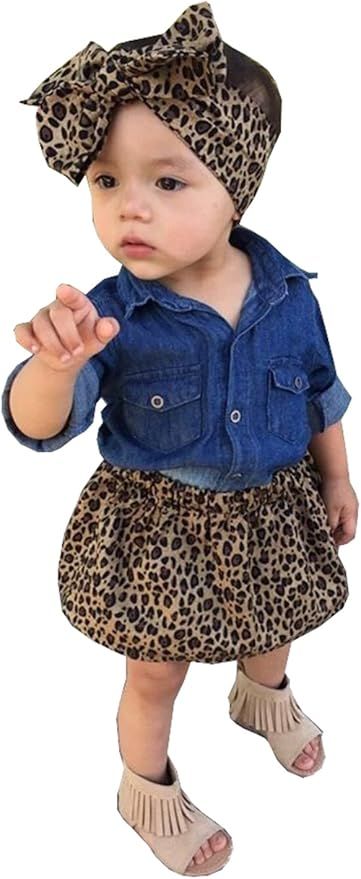 3pc Baby Girl Blue Jean Shirt + Leopard Print Short Skirt + Headband Outfits Set Clothes | Amazon (US)
