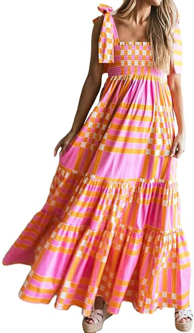 Women 2024 Summer Dress Boho Floral Sleeveless Tie Shoulder Flowy Smocked Long Beach Maxi Dress | Amazon (US)