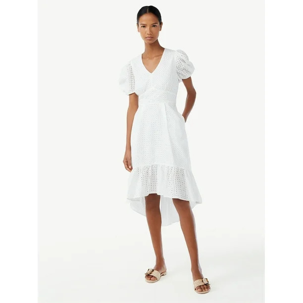 Scoop Women's High Low Eyelet Midi Dress with Puff Sleeves - Walmart.com | Walmart (US)