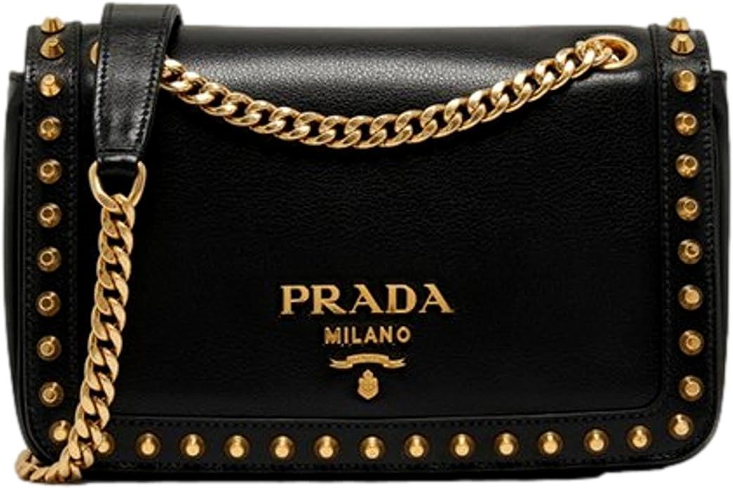 Prada Blue Black Glace Leather Studded Trim Crossbody Handbag 1BD147 | Amazon (US)