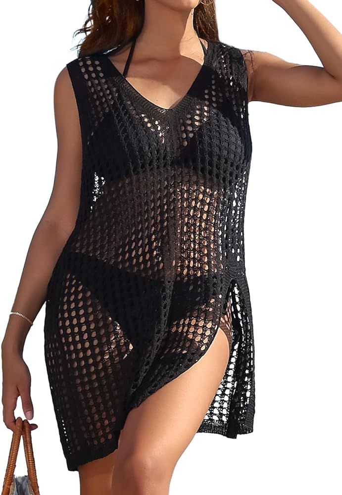 SOCIALA Women's Short Sleeve Crochet Top Side Split Hollow Out Mesh Bathing Suit Cover Ups Dress ... | Amazon (US)