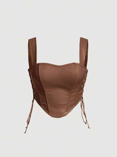 SHEIN MOD Lace Up Side Curved Hem PU Leather Wide Strap Top | SHEIN