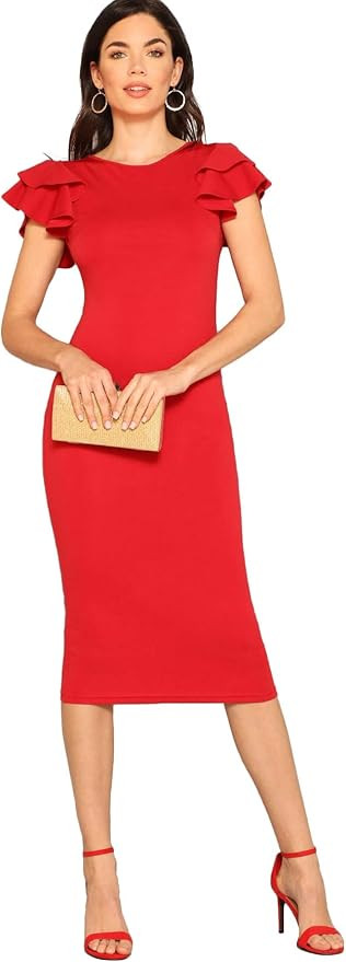 Romwe Women's Elegant Layered Ruffle Sleeve Stretchy Pencil Bodycon Party Dress | Amazon (US)