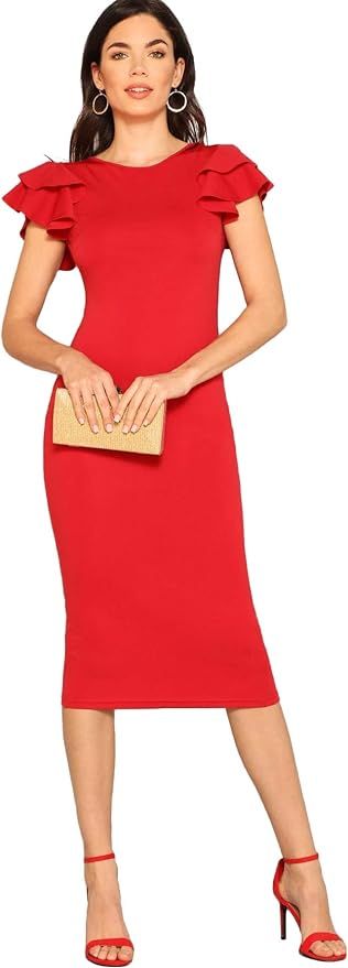 Romwe Women's Elegant Layered Ruffle Sleeve Stretchy Pencil Bodycon Party Dress | Amazon (US)