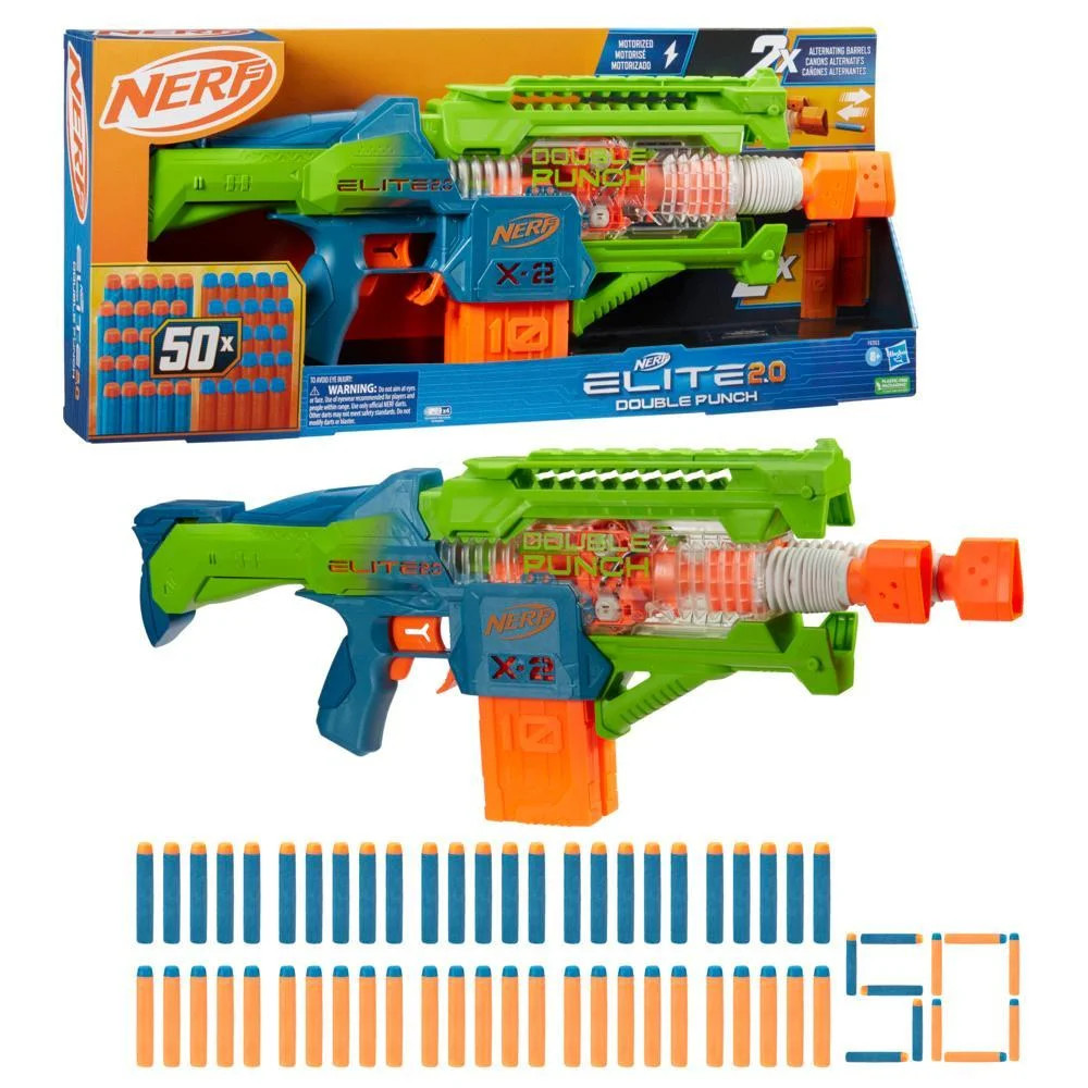 Nerf Elite 2.0 Double Punch Motorized Blaster, 50 Nerf Elite Darts, 2x 10-Dart Clips, Ages 8+ - W... | Walmart (US)