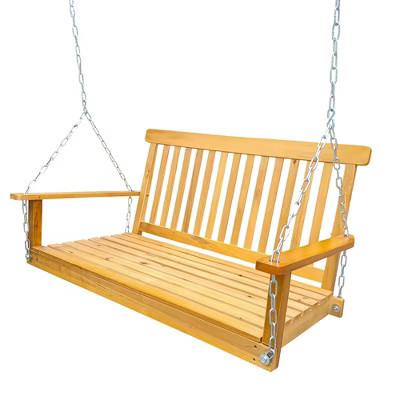 NAYSAYE Patio Swing Wooden Bench Swing with Armrests and Hanging Chains for Outdoor Porch Relaxation, Teak, 47.2"*28.15"*23.62" | Target
