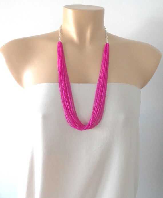 Long hot pink necklace,fuchsia beaded necklace,neon pink statement necklace,chain bead necklace,b... | Etsy (US)