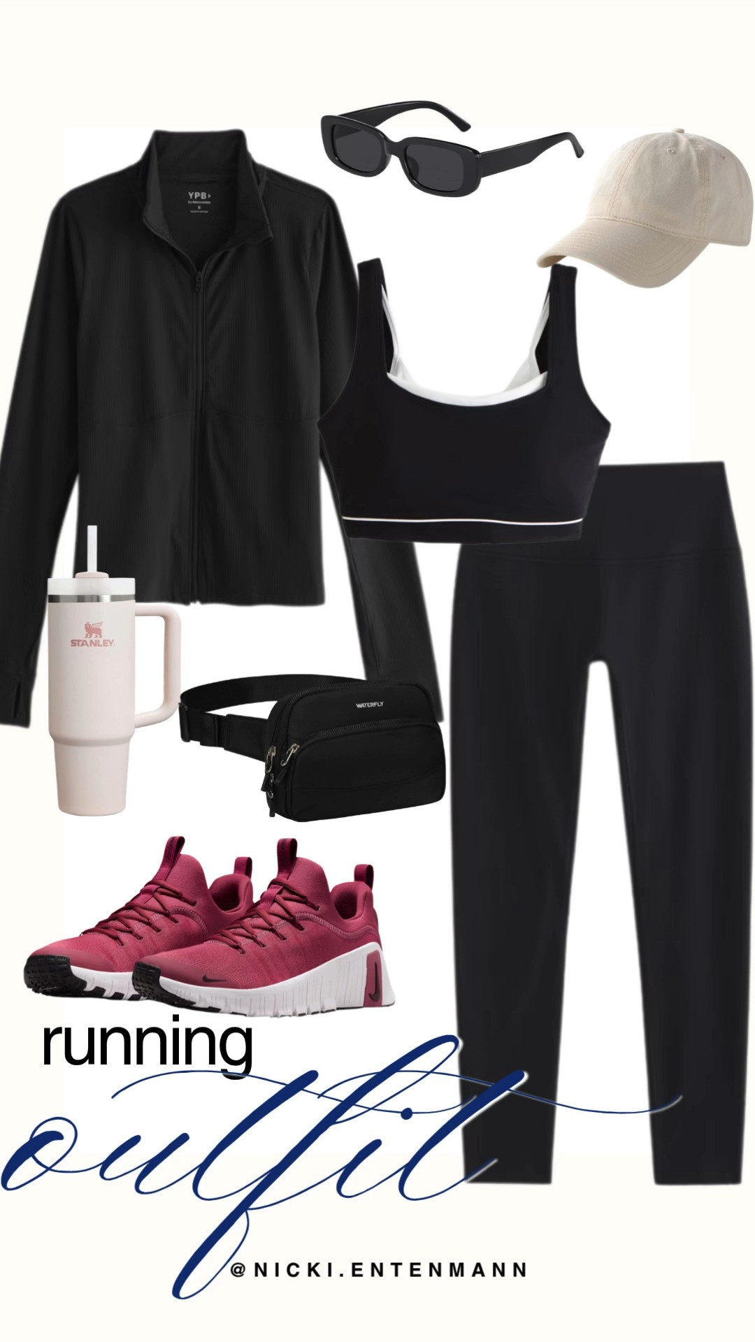 Hit the pavement in style with this sleek running outfit featuring high waisted black leggings, matching sports bra, full zip YPB jacket, and vibrant deep pink Nike shoes with organized accessories. #runningoutfit #activewear #workoutstyle #athleisure #nikeshoes #runninggear #stanleytumbler #workoutinspo #fitnessfashion #modernliving 👟🧢🥤 

 #LTKootd #LTKActive #LTKSaleAlert