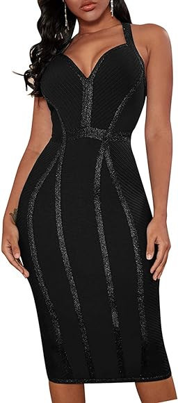 whoinshop Women's Bandage Halter V Neck Midi Cocktial Bodycon Club Party Dress | Amazon (US)